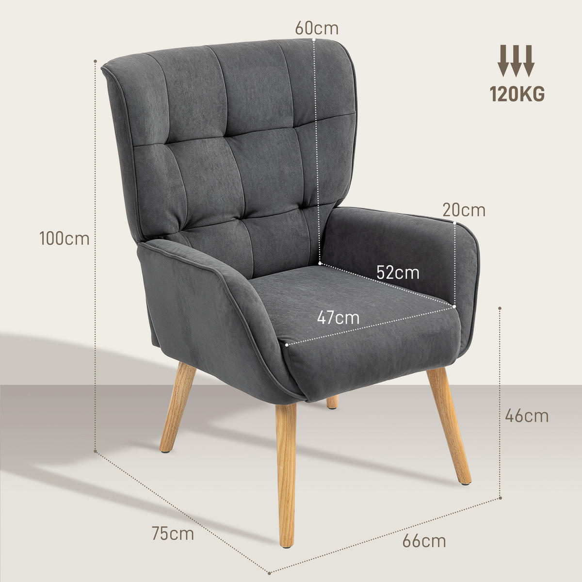 SESSEL Wohnzimmer Loungesessel Relaxsessel mit Holzbeine, Samtoptik Grau - Grau, Textil (66/100/75cm) - HOMCOM