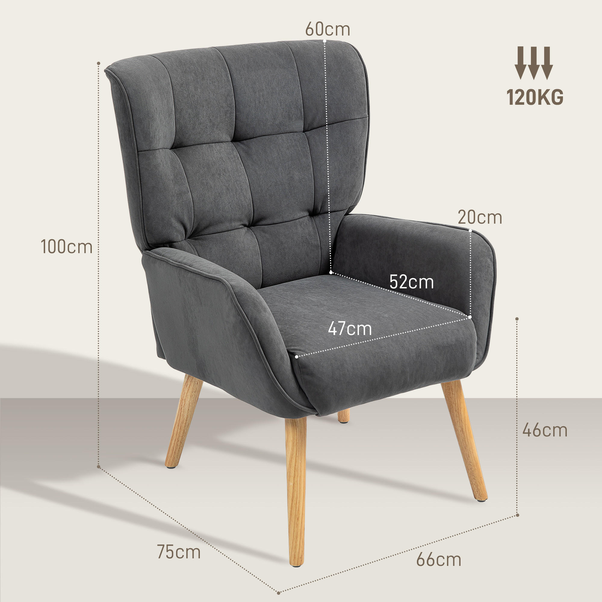 Thumbnail - Homcom Sessel, Grau, Textil, 75x100x66 cm, Wohnzimmer, Sessel, Polstersessel