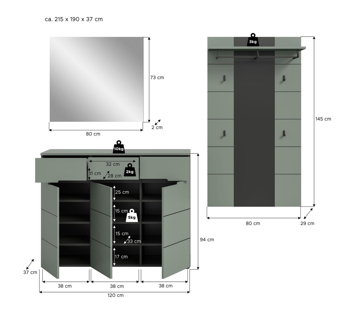 GARDEROBEN-SET CANU 3-tlg. (B/H/T: ca. 215/190/37 cm) in Basalt grau/Smoke Green - Grau, Holzwerkstoff (215/190/37cm)