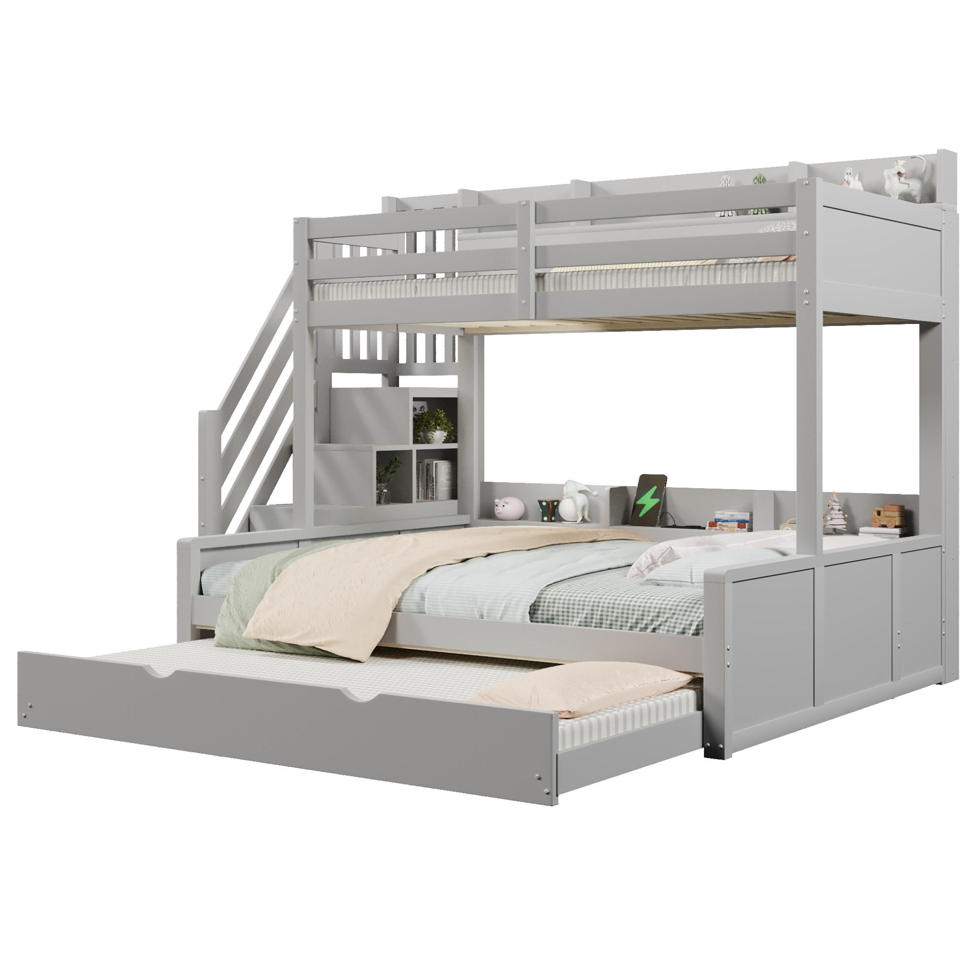 ETAGENBETT aus MDF und Kiefer 90x200/140x200 cm Grau mit Ausziehbett, Stauraumtreppe und USB-Anschluss - Grau, Holz (90/200cm) - Modfu