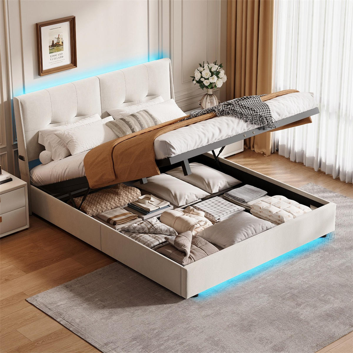 POLSTERBETT 160x200 cm - Hydraulisches Stauraumbett mit LED-Beleuchtung und praktischen Seitentaschen - ohne Matratze - Beige - Beige, Textil (160/200cm) - DELFA
