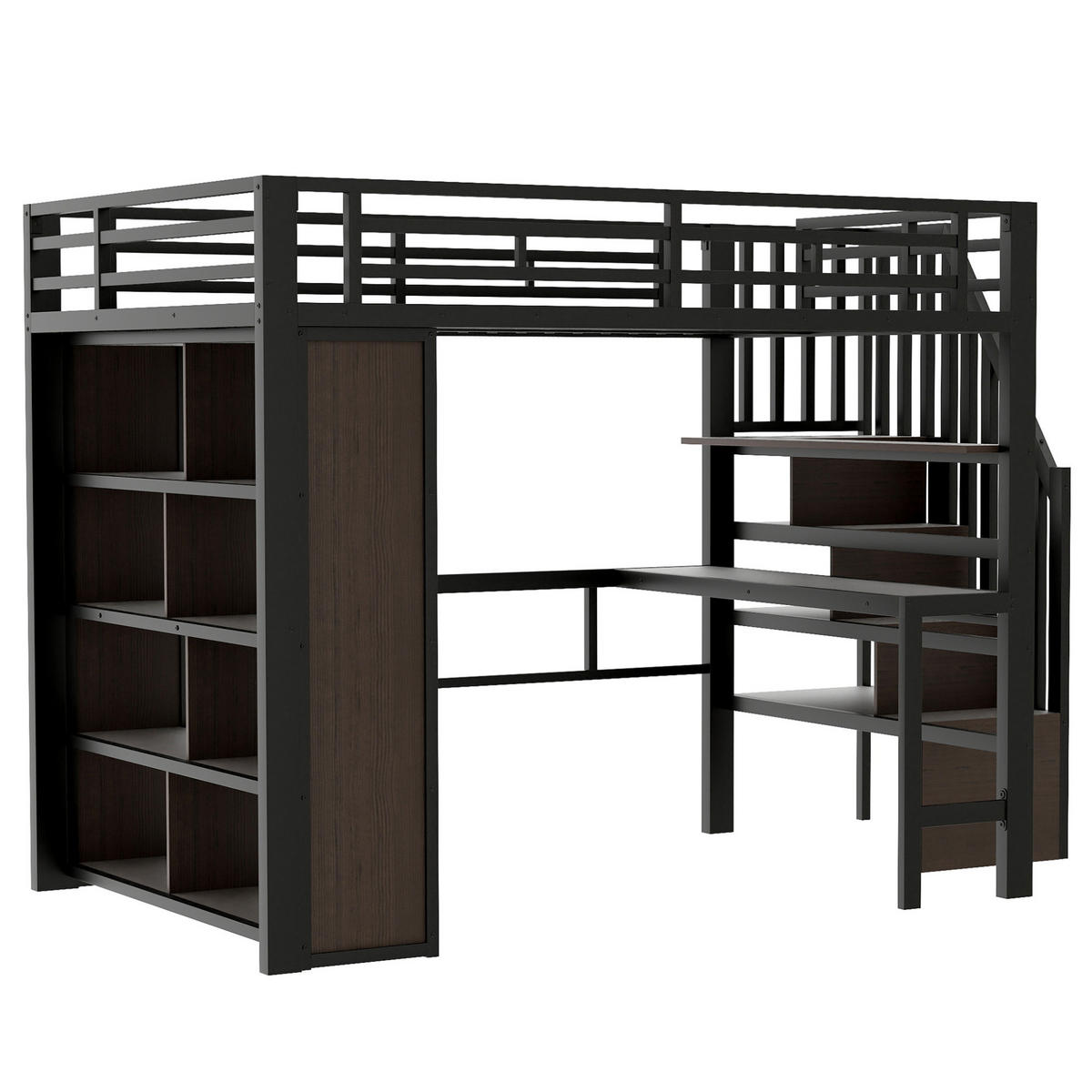 HOCHBETT 140/200 cm in Schwarz – mit Schreibtisch, Stauraumtreppe und LED - Schwarz, Metall (140/200cm) - BEAOK