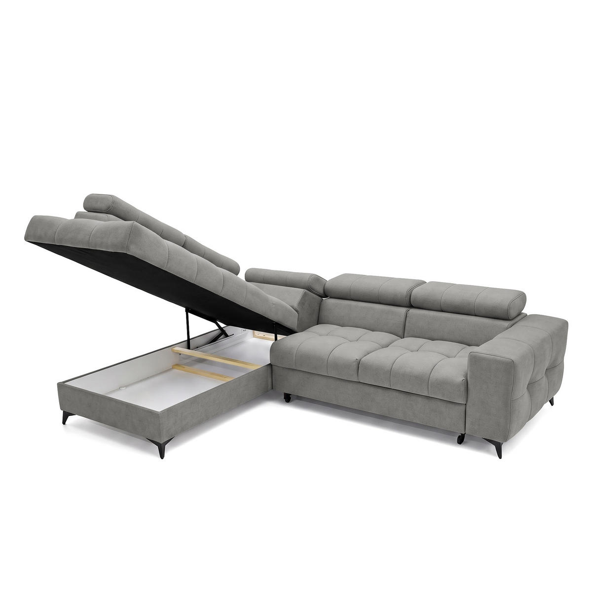 ECKSOFA PUDDING L Links mit Schlaffunktion 125x195 Velours Grau - Schwarz/Grau, Holz/Textil (203/275cm) - Muffo