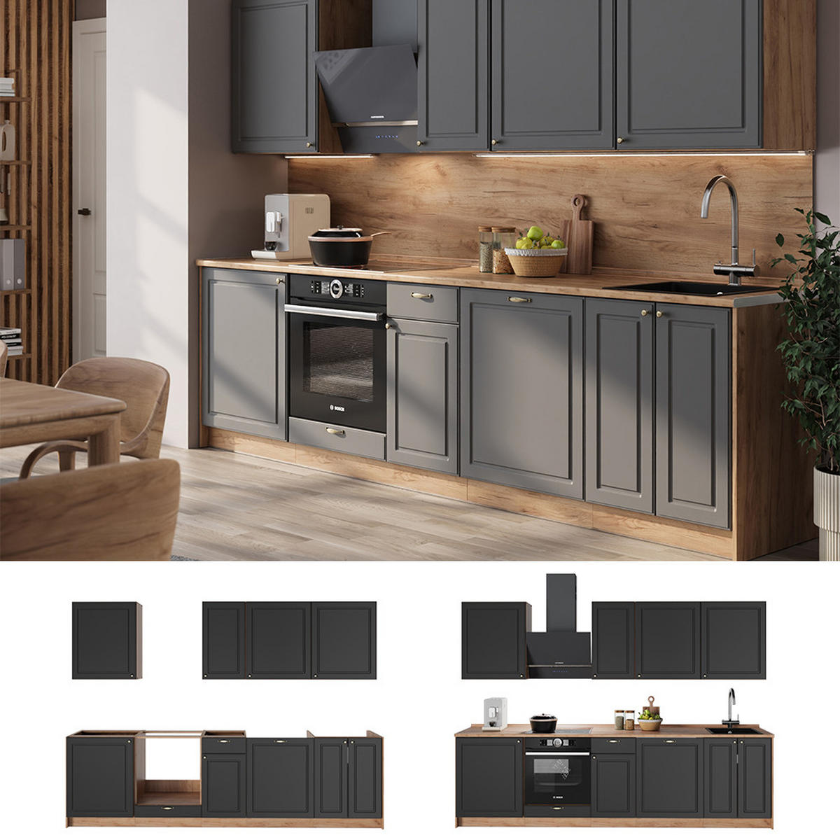 KUCHYNKA Fame-Line, Antracitovo-zlatý vidiecky dom/Dub Goldkraft, 280 cm, AP Marble - dub medový/antracitová, kompozitné drevo (280/82/60cm) - Vicco