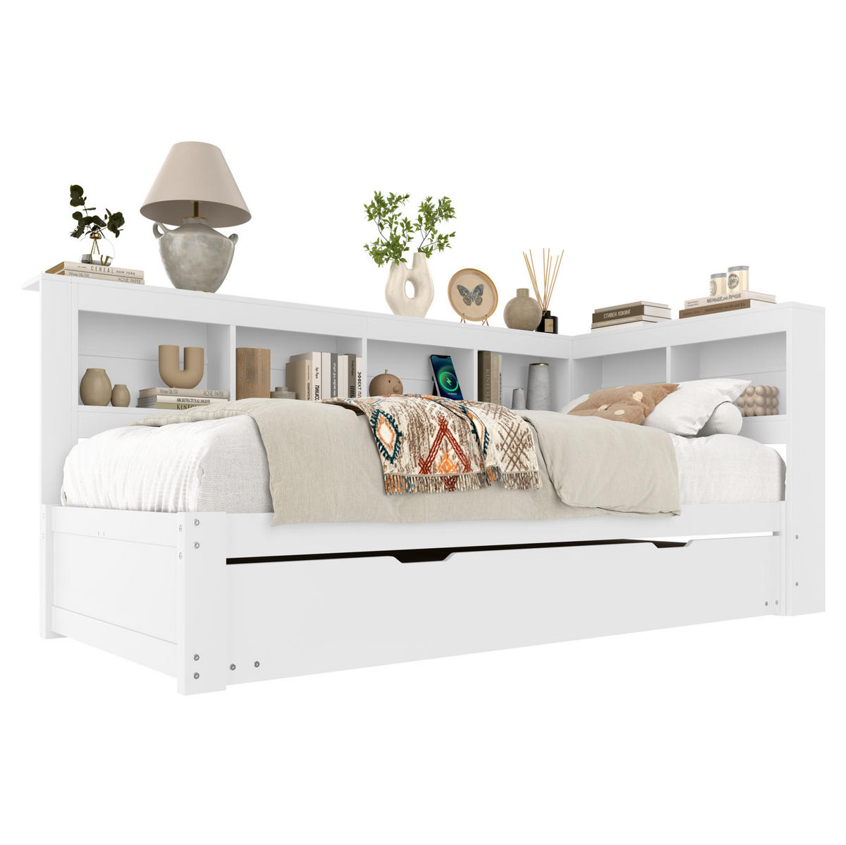 POLSTERBETT 90/200 cm mit Ausziehbett, Steckdose und 2 USB-Anschlüssen, Weiß - Weiß, Holz (90/200cm) - Redom