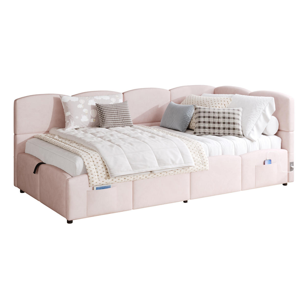 POLSTERBETT 90/200 cm mit hydraulischem Stauraum, USB-A/USB-C und Seitentaschen, Samt, Rosa - Rosa, Textil (90/200cm) - Redom