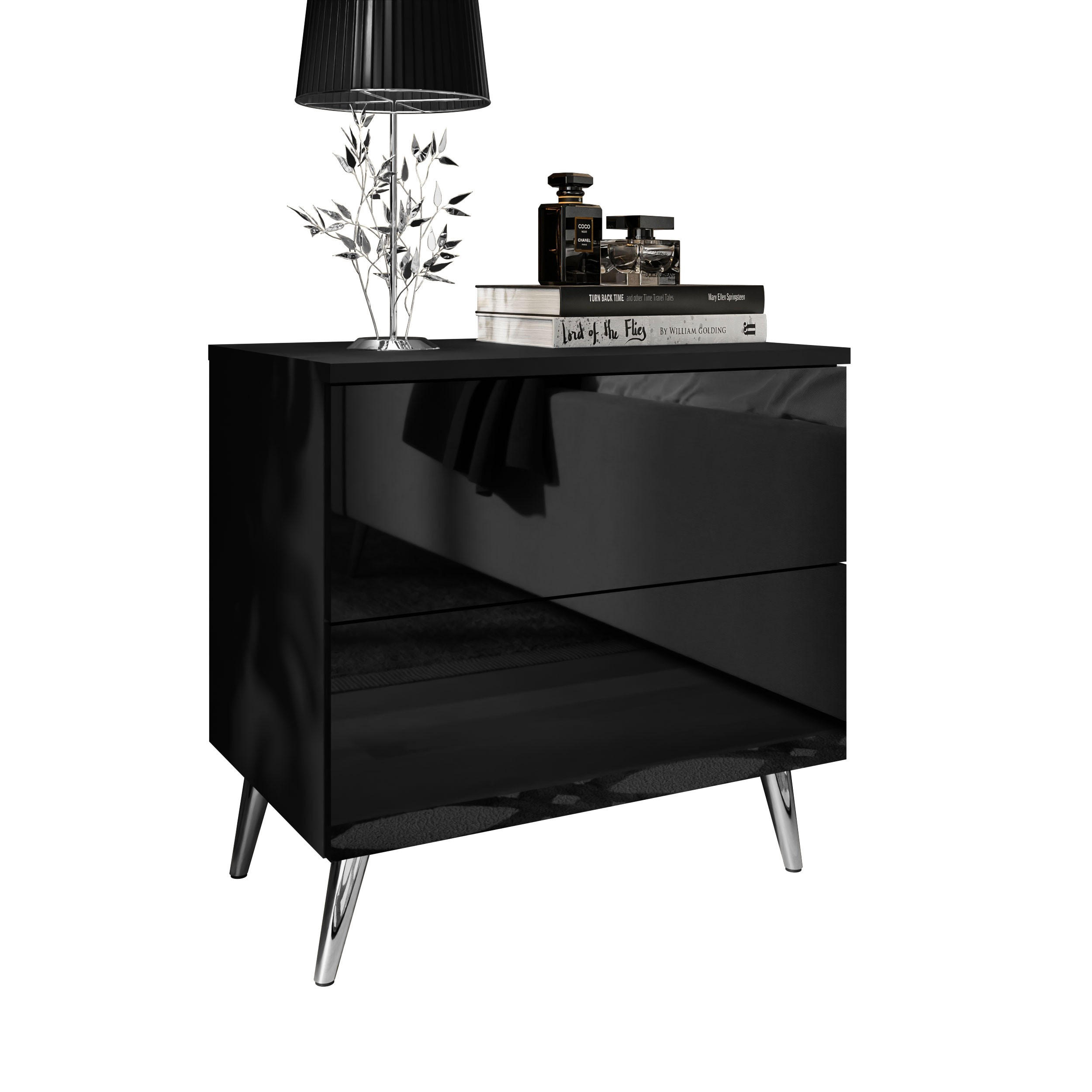 NACHTTISCH AURA PUSH OPEN mit Chrombeinen - Schwarz, Holzwerkstoff (55/55/37cm) - Lookway