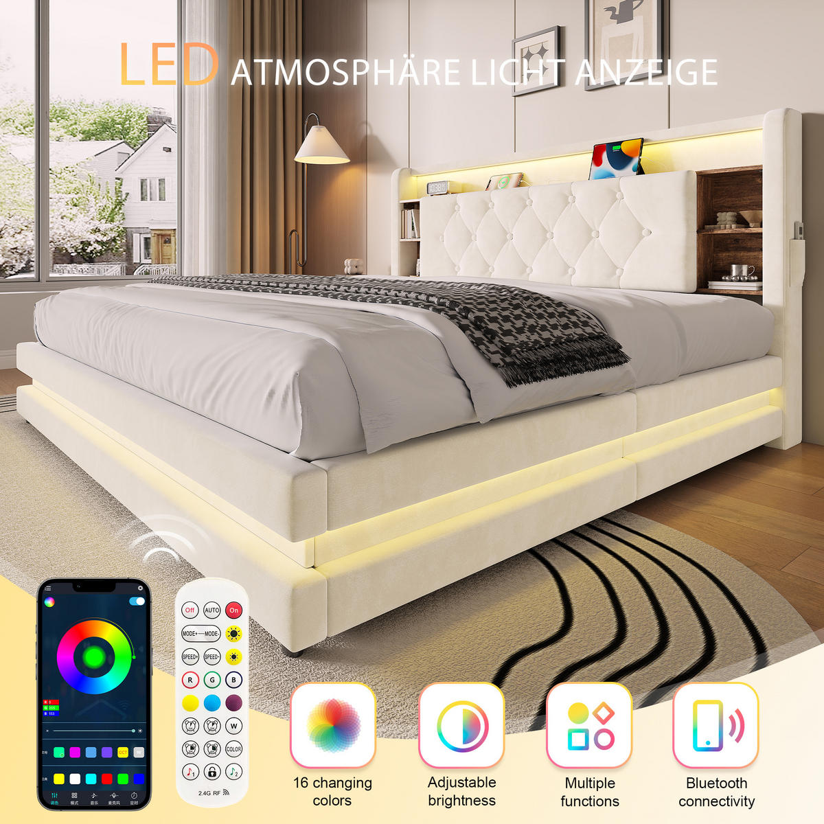 BOXBETT 160/200 mit LED/USB, Kopfteil-Regal & Hydraulik, Samt, Beige - Beige, Holz (160/200cm) - LVHOM