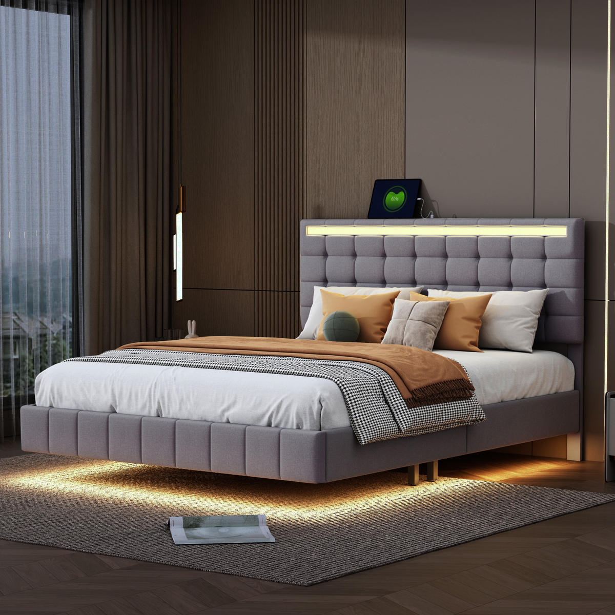 POLSTERBETT 140x200 cm Grau,Doppelbett mit LED,Lattenrost - Grau, Holz/Metall (140/200cm) - PARAFTA HOME