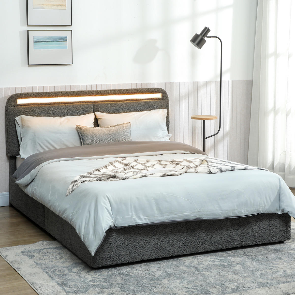 BETT 140x190 cm DE-14653 mit LED-Beleuchtung & verstellbarem Kopfteil Grau - Grau, Textil (140/190cm) - ComfortXL