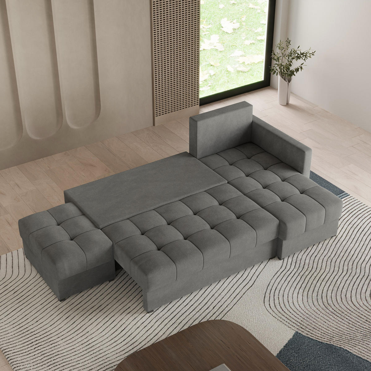 ECKSOFA LUMARI R-S Grau Plüsch-Stoff mit Schlaffunktion - Grau, Holz (262/143cm) - MASSENO