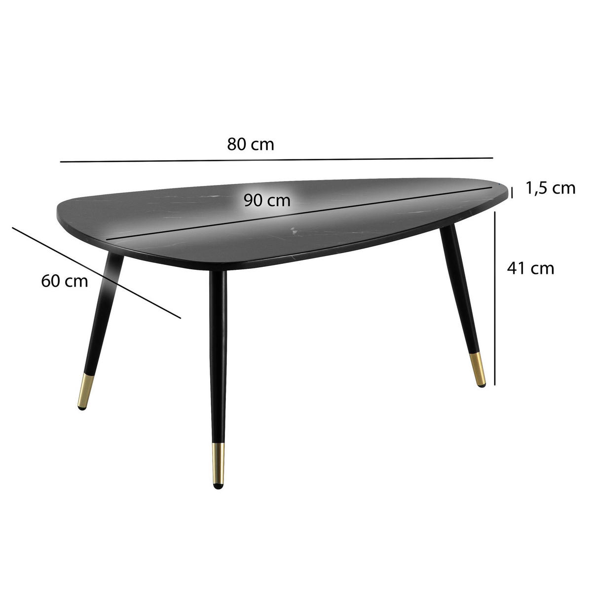 COUCHTISCH mit Marmor Optik, Dreibein, Metall-Gestell, Dreieckig, Schwarz 90x60x41 cm - Schwarz, Holzwerkstoff/Metall (60/90/41cm) - KADIMA DESIGN