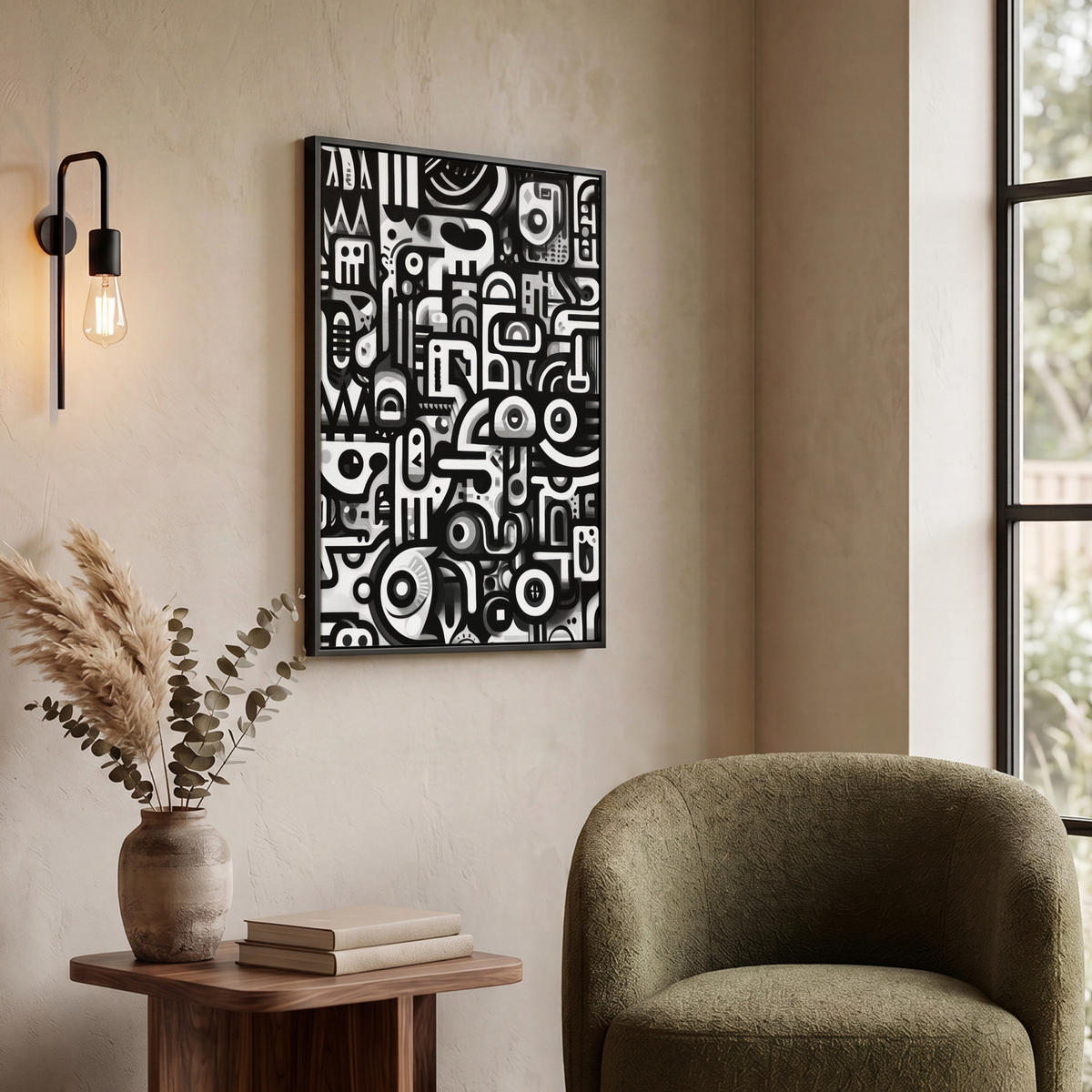 LEINWAND Bilder mit Rahmen - Symbole - Abstrakt - Grafik - Schwarz - 60x80 - Schwarz, Textil (60/80cm) - MuchoWow