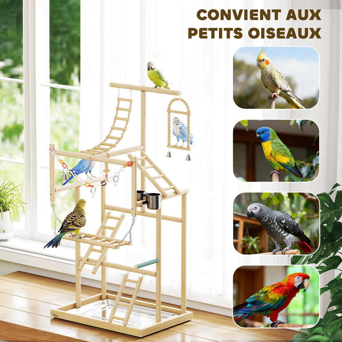 VOGELSPIELPLATZ DE-17841 4 Ebenen mit Leiter & Schaukel Natur - Naturfarben, Holz (38/95/48cm) - ComfortXL