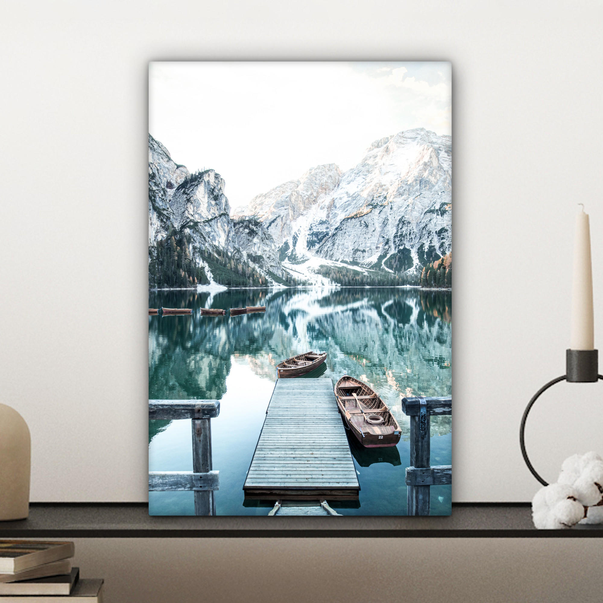 LEINWANDBILD Natur - Berge - Schnee - Wald - Boot 20x30 cm - Hellgrün, Textil (20/30cm) - MuchoWow