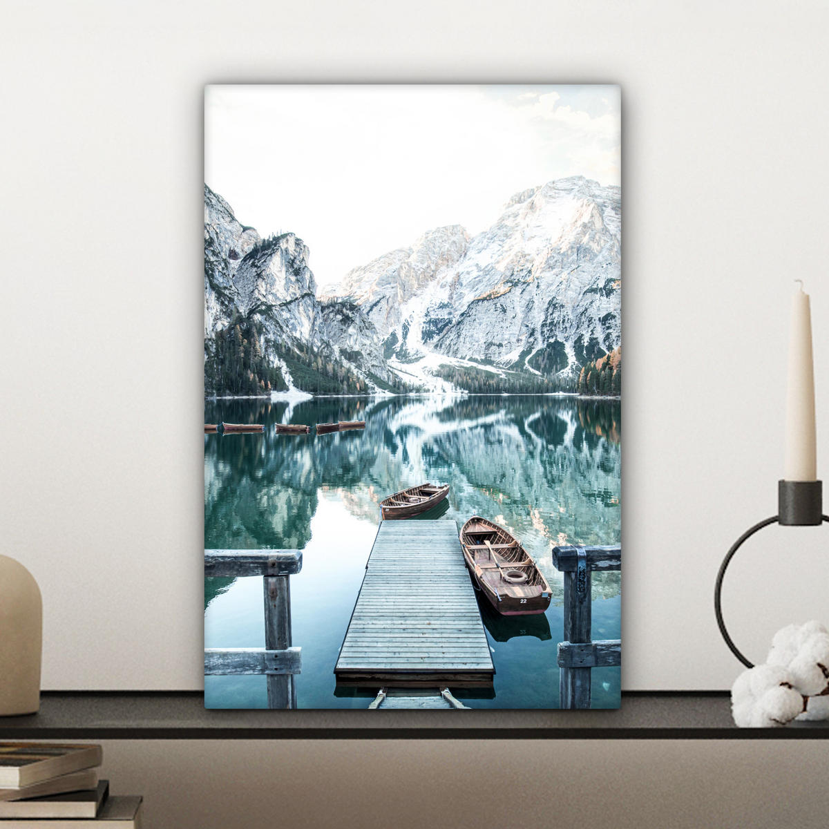 LEINWANDBILD Natur - Berge - Schnee - Wald - Boot 20x30 cm - Hellgrün, Textil (20/30cm) - MuchoWow