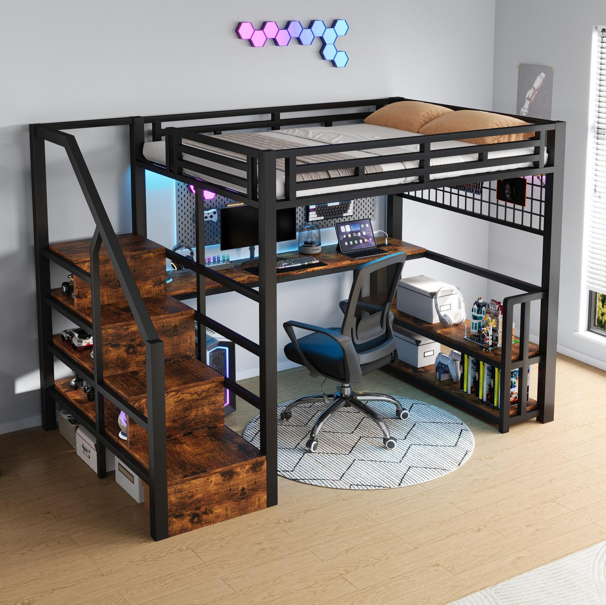 HOCHBETT 140/200 cm Schwarz aus Metall mit Schreibtisch - Schwarz, Metall (140/200cm) - OKMYHOME