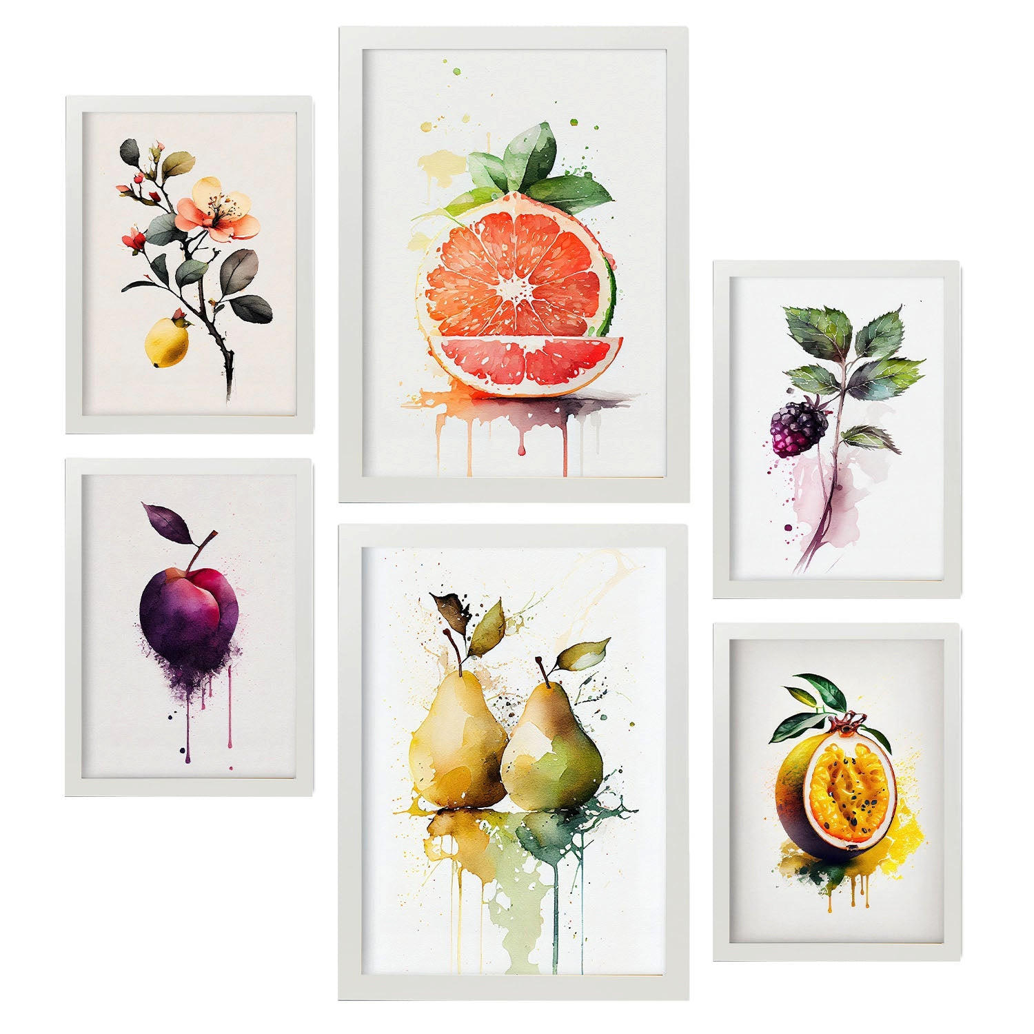 POSTER Set Mit 6 Saftige Früchte Plakate Von Obst Gemüse & Gesunden Lebensmitteln Im Aquarell Kunst Auf Reinweißen Hintergründen A3 & A4 Weißer Rahmen - Weiß, Papier (29/3cm) - Nacnic