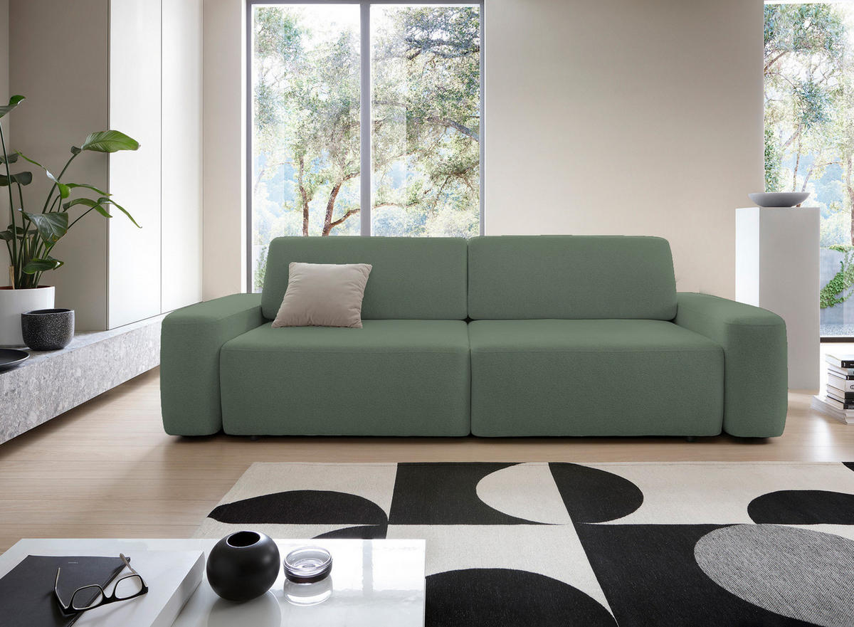 SOFA 4-Sitzer freistehend, Bettzeugcontainer, Polsterung aus PUR-Schaum, Stoff Raven, Schlaffunktion: 120x200 cm, Größe: 257x82x105 cm, Grün - Grün, Holz/Textil (257/82/105cm) - DomoHome