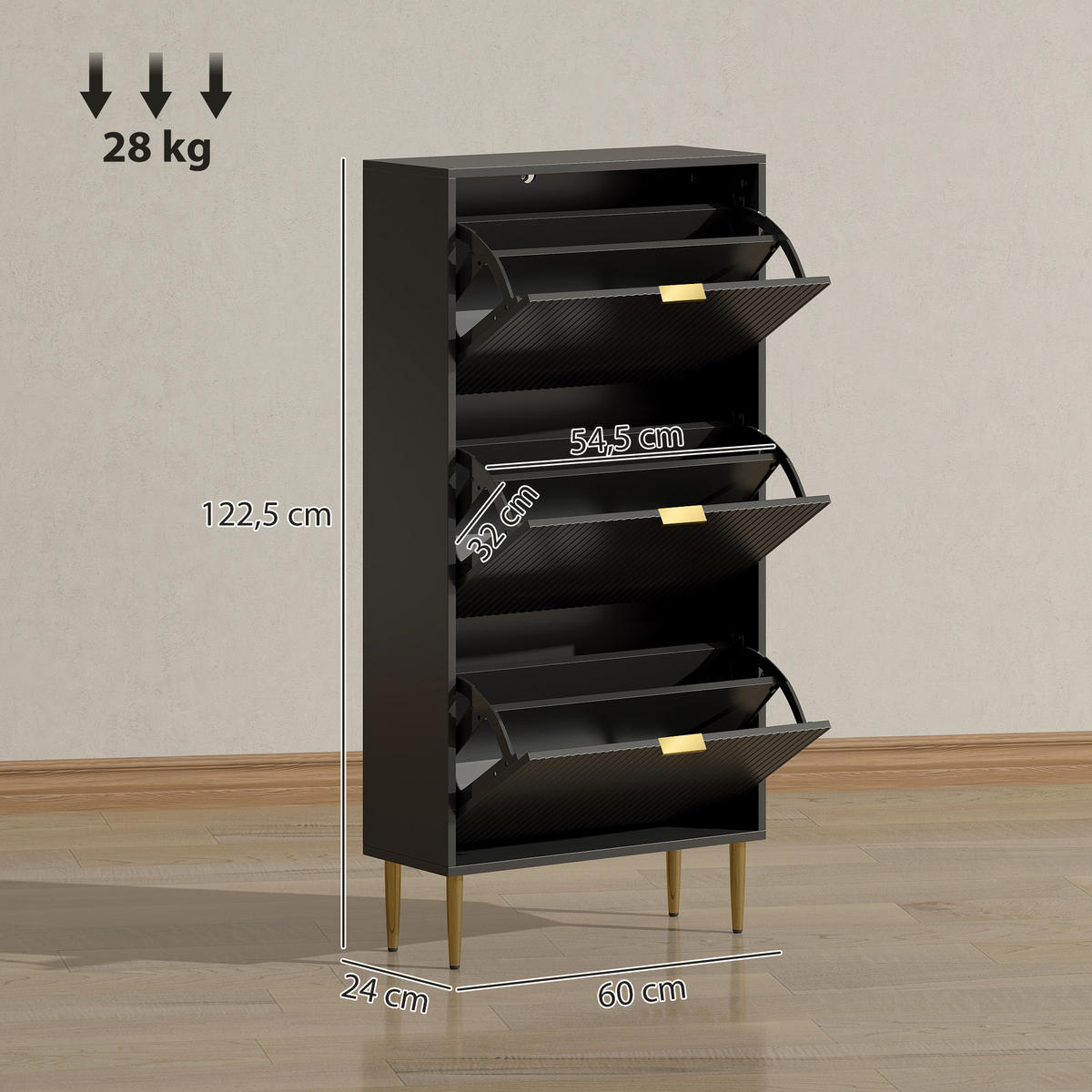 SCHUHSCHRANK Schwarz MDF und Stahl klappbar mit 3 Fächern 1 Stück - Schwarz, Holzwerkstoff (60/128/24cm) - PANGIVO