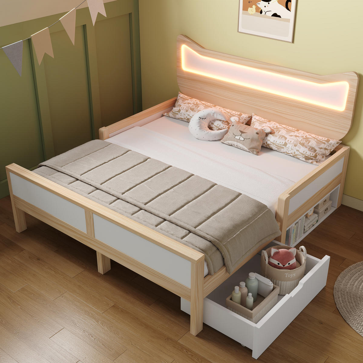 BETT mit Katzenkopfteil und LED 140x200 cm Weiß/Eiche mit Schublade - Weiß, Holz (140/200cm) - Meubliv