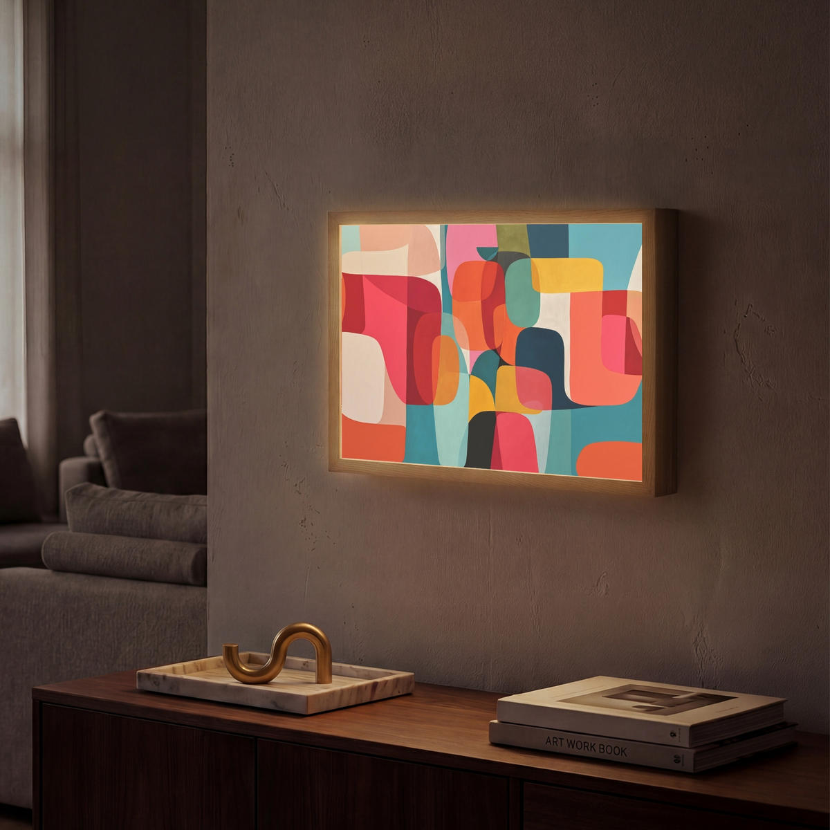 NÁSTĚNNÁ LAMPA S AKUMULÁTOREM Tvary - barevné - abstraktní - letadla 40x30 cm - různobarevná, kompozitní dřevo (40/30/8cm) - OnlyWow