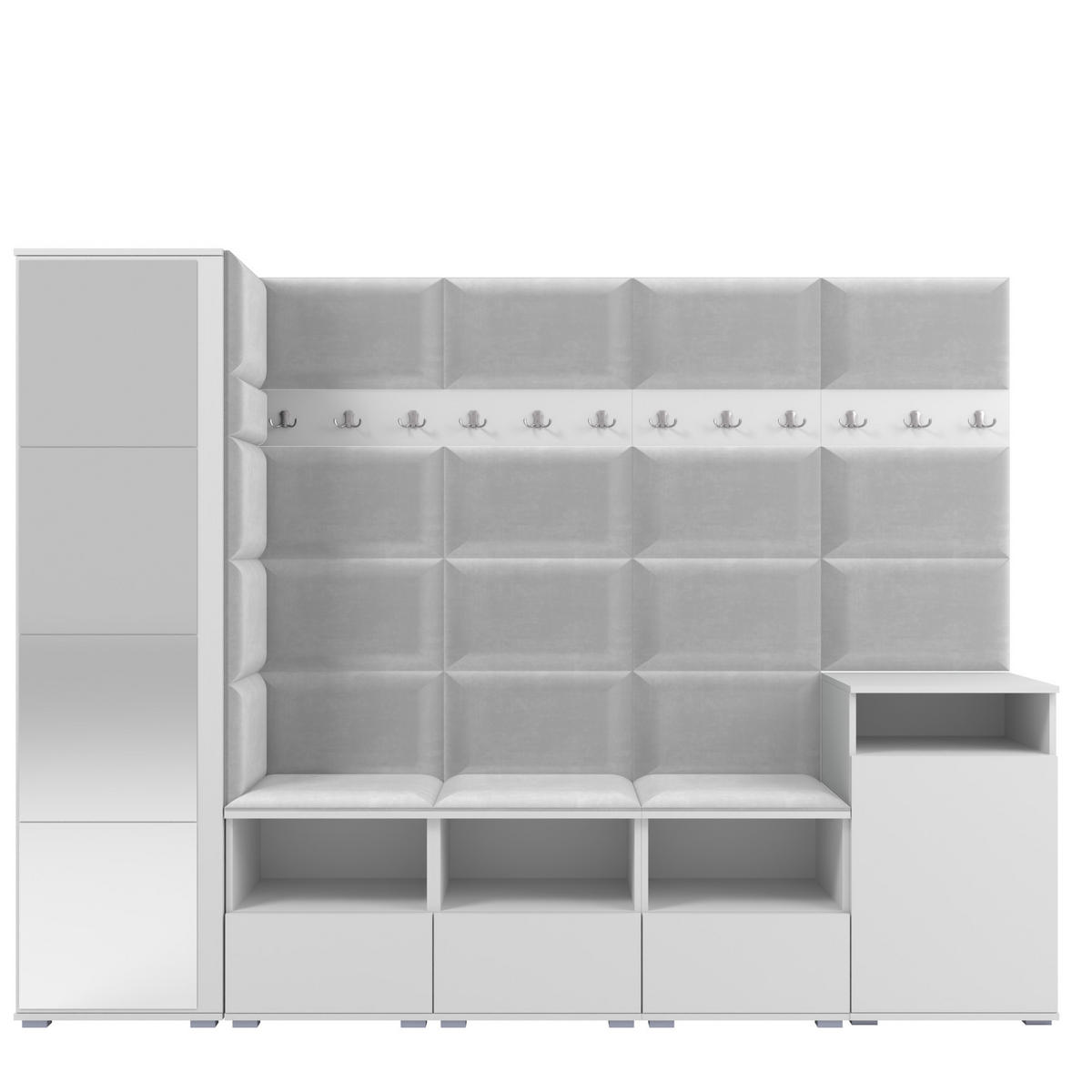 GARDEROBE NELA XI 250 cm (Modulare Flurmöbel Weiß mit Spiegel & Sitzpolster Hellgrau 32 Großes Set) - Silberfarben/Hellgrau, Holz/Holzwerkstoff (250/187/40cm) - Ravio