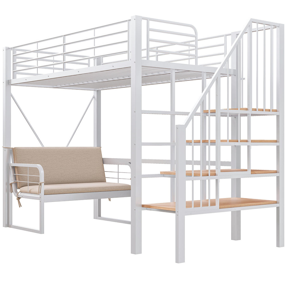 PATROVÁ postel 90/200 cm bílá z kovu a MDF s odnímatelnou pohovkou a úložným schodištěm - bílá, kompozitní dřevo (90/200cm) - OKWISH