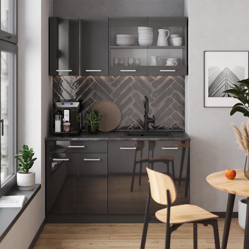 SINGLEKÜCHE R-Line Anthrazit Hochglanz/Anthrazit 140 cm ohne Arbeitsplatte - Anthrazit, Holzwerkstoff (140/81.6/46cm) - Vicco
