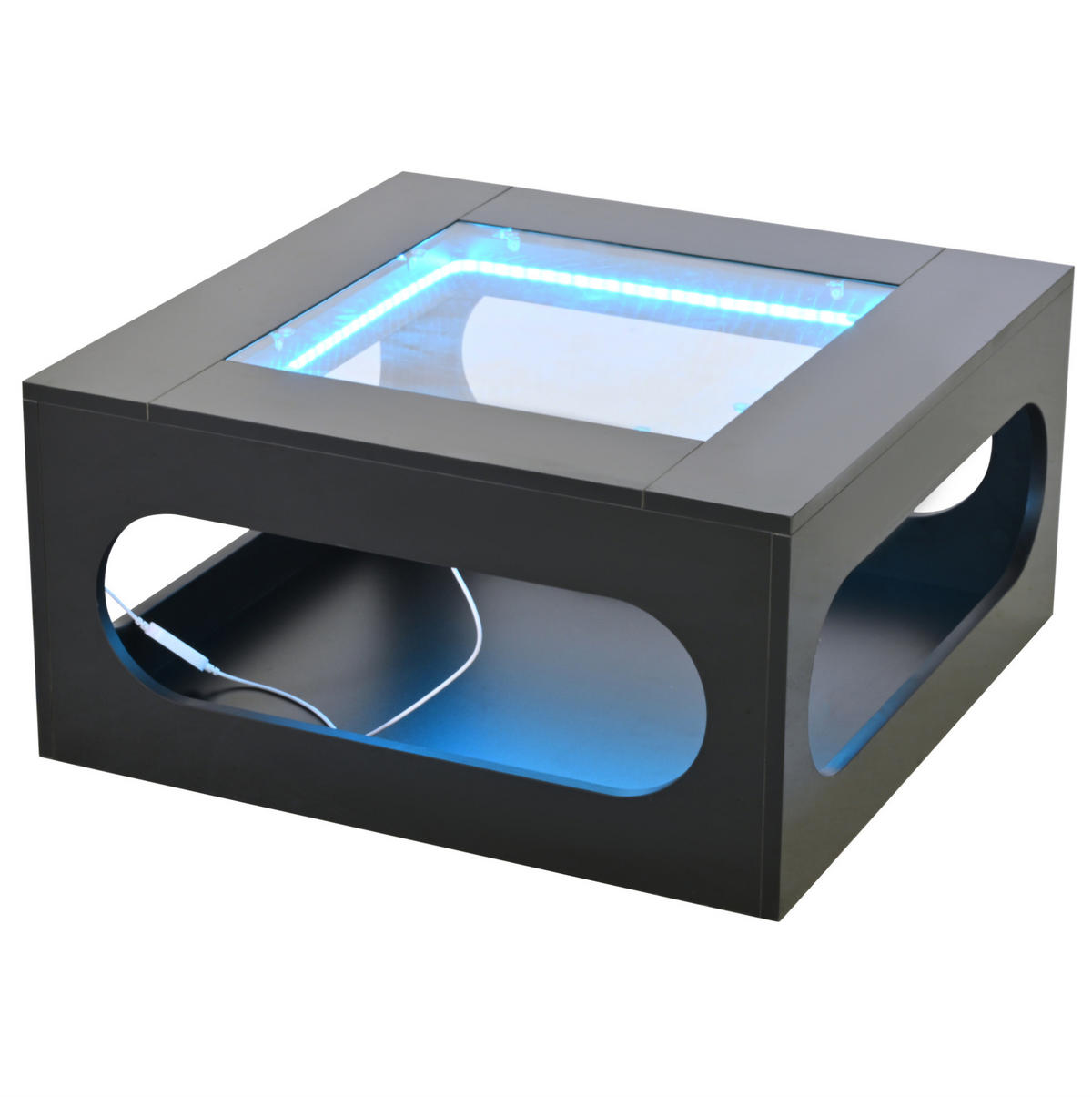 KONFERENČNÍ stolek 70/70/35 cm černý z MDF se skleněnou deskou a LED osvětlením - černá, kompozitní dřevo (70/70/35cm) - OKWISH