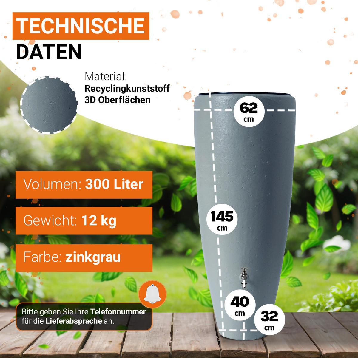 2IN1 Regentonne 300 L, zinkgrau inkl. Pflanzschale - Hellgrau, Kunststoff (62/145/62cm) - GARANTIA
