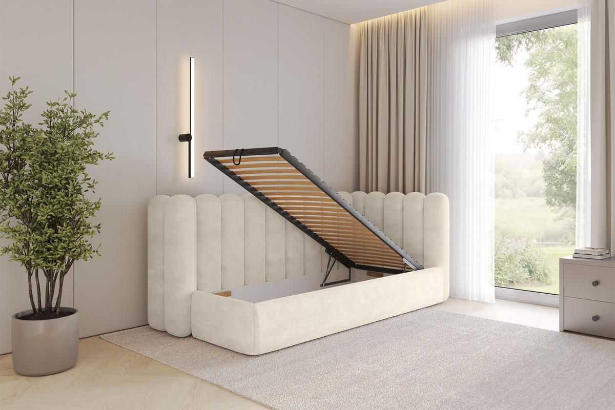 EINZELLBETT Jugendbett mit Bettkasten und Matratze H3/H4, Links - HUGY 100x200 Beige - Beige, Holzwerkstoff/Textil (100/200cm) - ALTDECOR