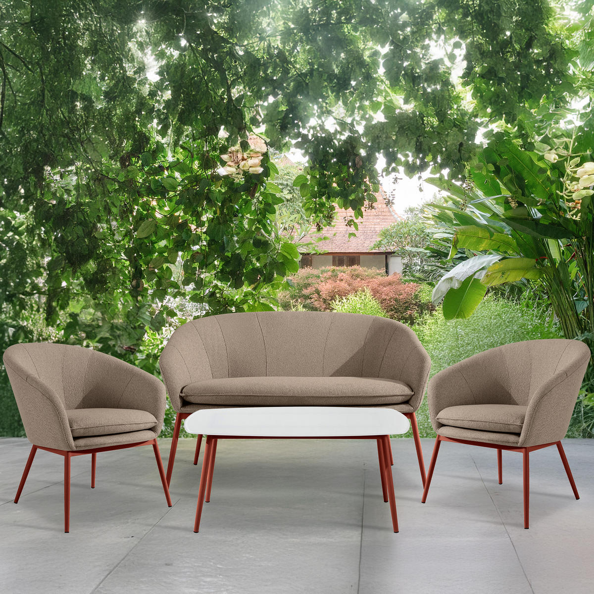 GARTENMÖBELSET SOLIS Gartenlounge-Set, hellbraun/rot - Hellbraun, Textil/Metall - KONSIMO®