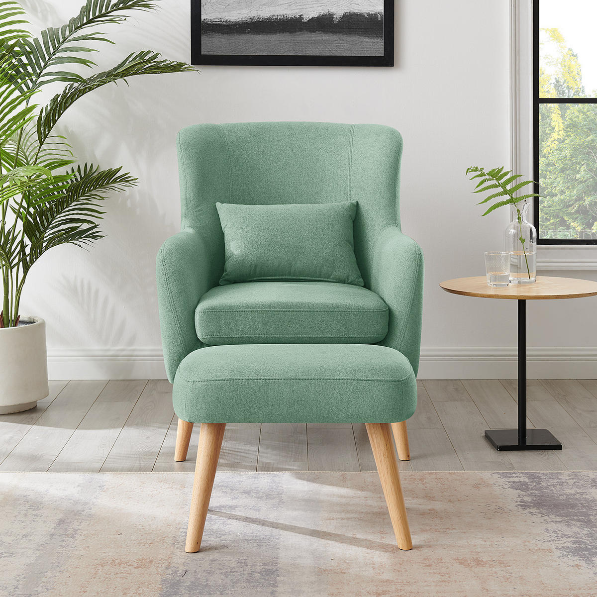 SESSEL mit Hocker - Mintgrün, Holz/Birkenholz (75/96/78cm) - home24