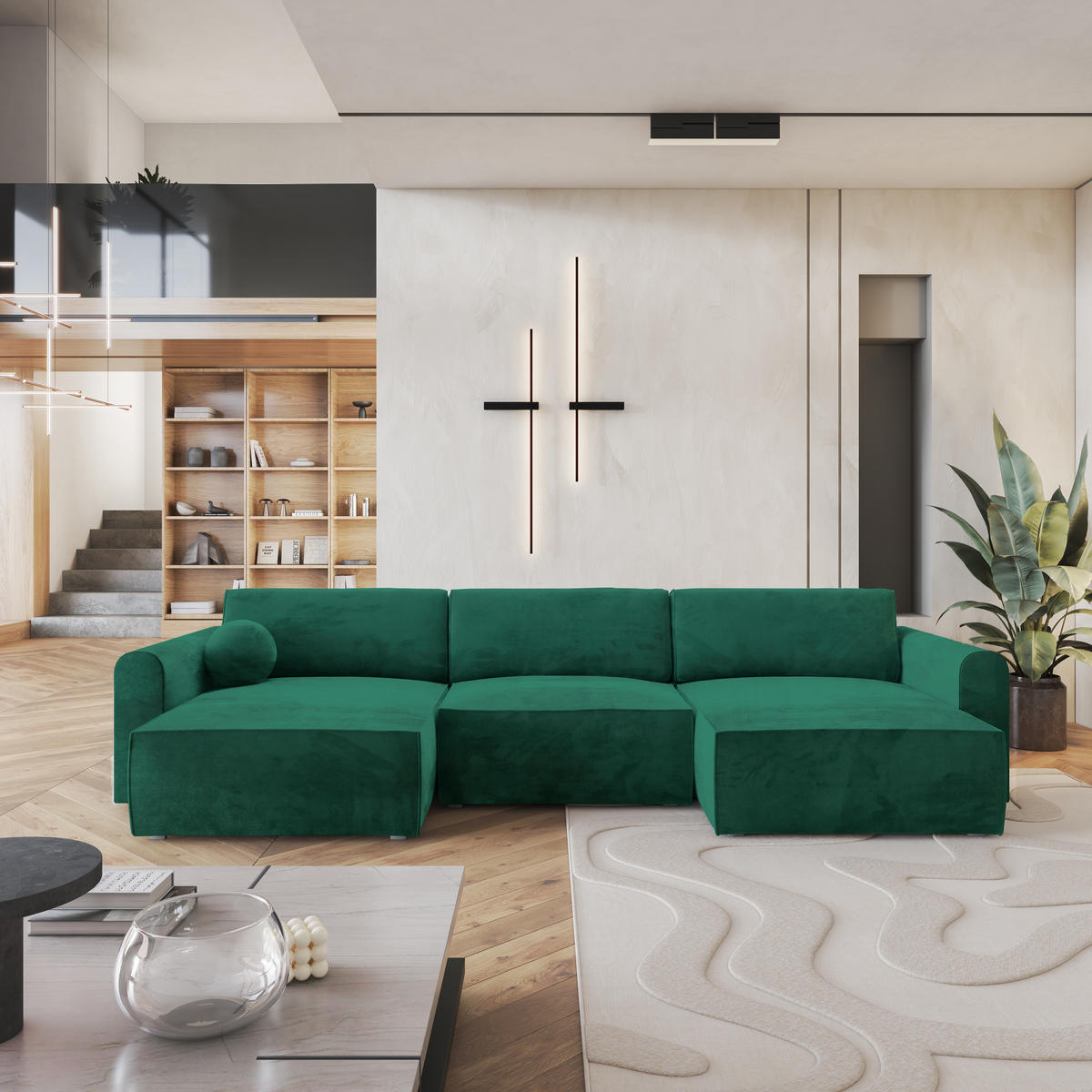 ROHOVÁ SEDAČKA FENTO tmavě zelená - šedá/tmavě zelená, dřevo/textil (347/148cm) - MASSENO