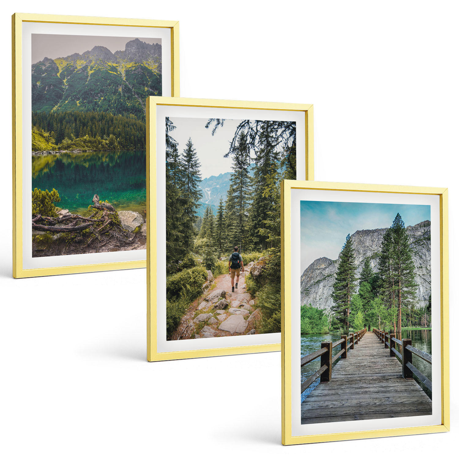 BILDER SET 3er Set - 40x60 cm Goldrahmen - Berge, Seen, Wälder, Wege - Goldfarben, Kunststoff (40/60cm) - TULUP