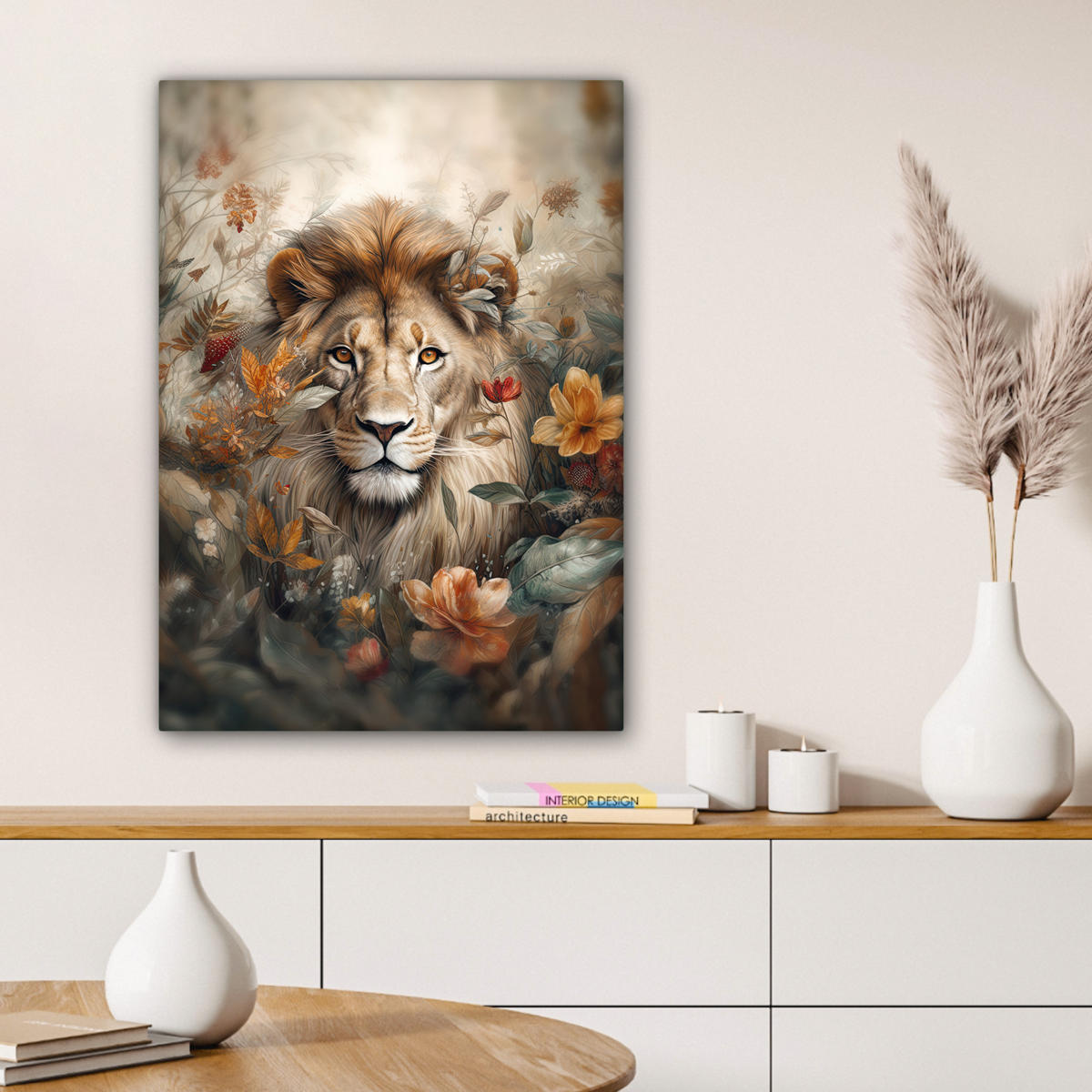 LEINWANDBILD Löwe - Wildtiere - Pflanzen - Natur - Blumen 60x80 cm - Beige, Textil (60/80cm) - MuchoWow