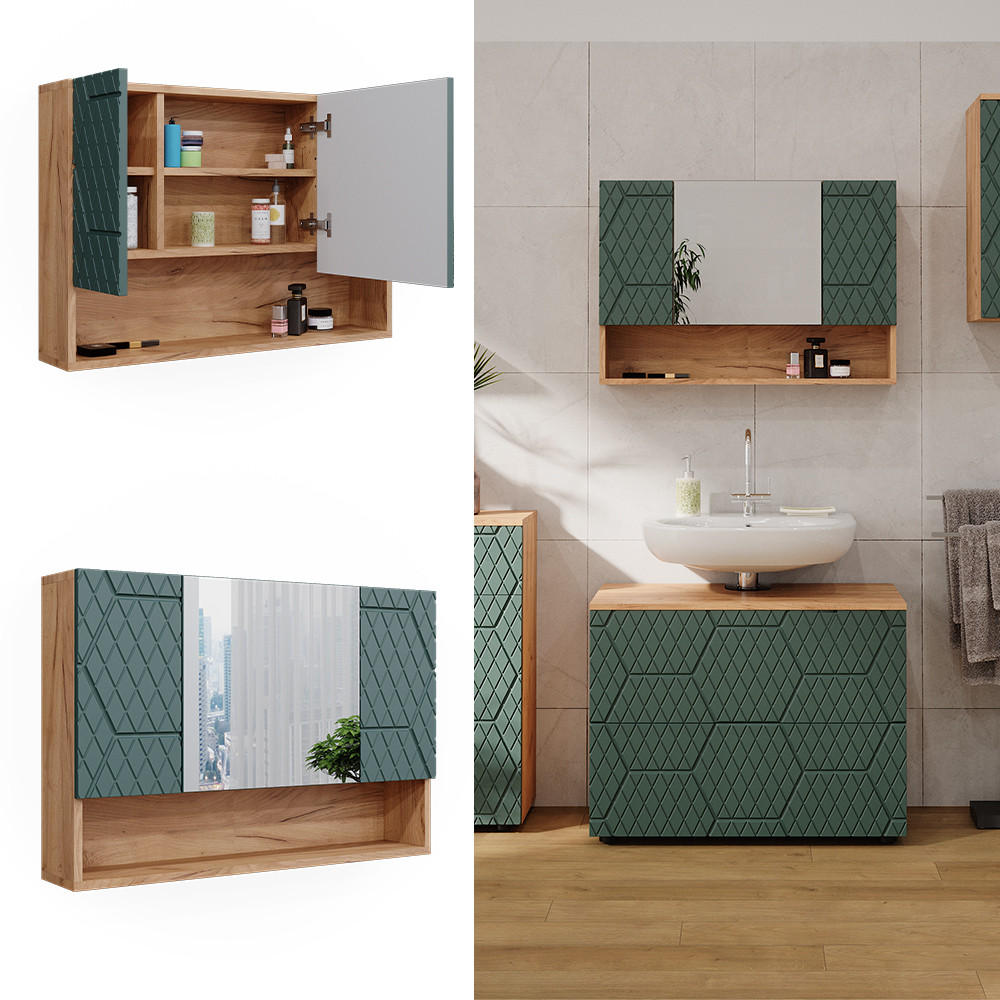 BADSPIEGELSCHRANK Irma Grün/Goldkraft Eiche 80.1 x 55 cm - Eiche Wotan/Grün, Holzwerkstoff (80.1/55/17cm) - Vicco