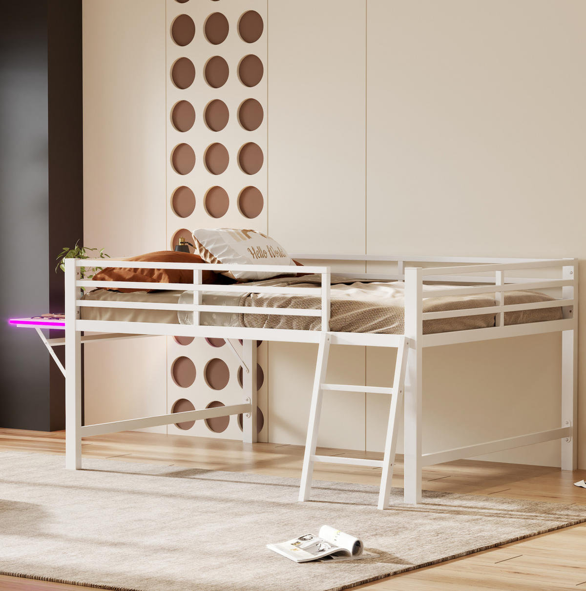 HOCHBETT 140/200 cm aus Metall mit Schreibtisch und LED-Beleuchtung in Weiß - Weiß, Metall (140/200cm) - Flora Grace