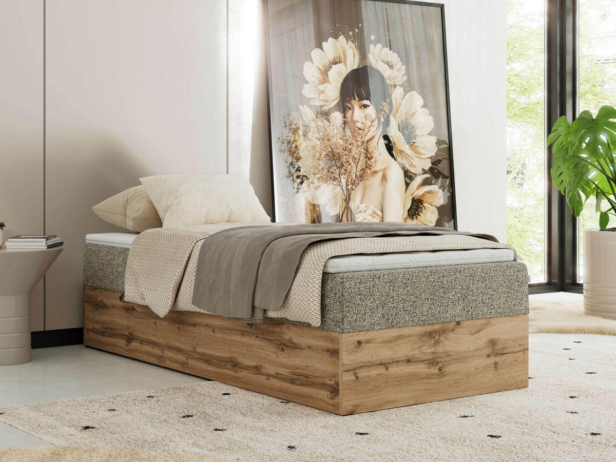 BOXBETT WOOD ZERO 90/200 - Grau Struktur - H3 - Topper T25 - Grau, Textil (90/200cm) - MKS