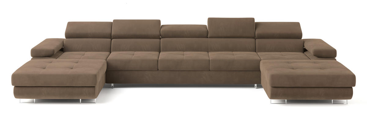 WOHNLANDSCHAFT OMBRA Beige Velours-Stoff mit Schlaffunktion - Beige, Holz (425/90/202cm) - MASSENO