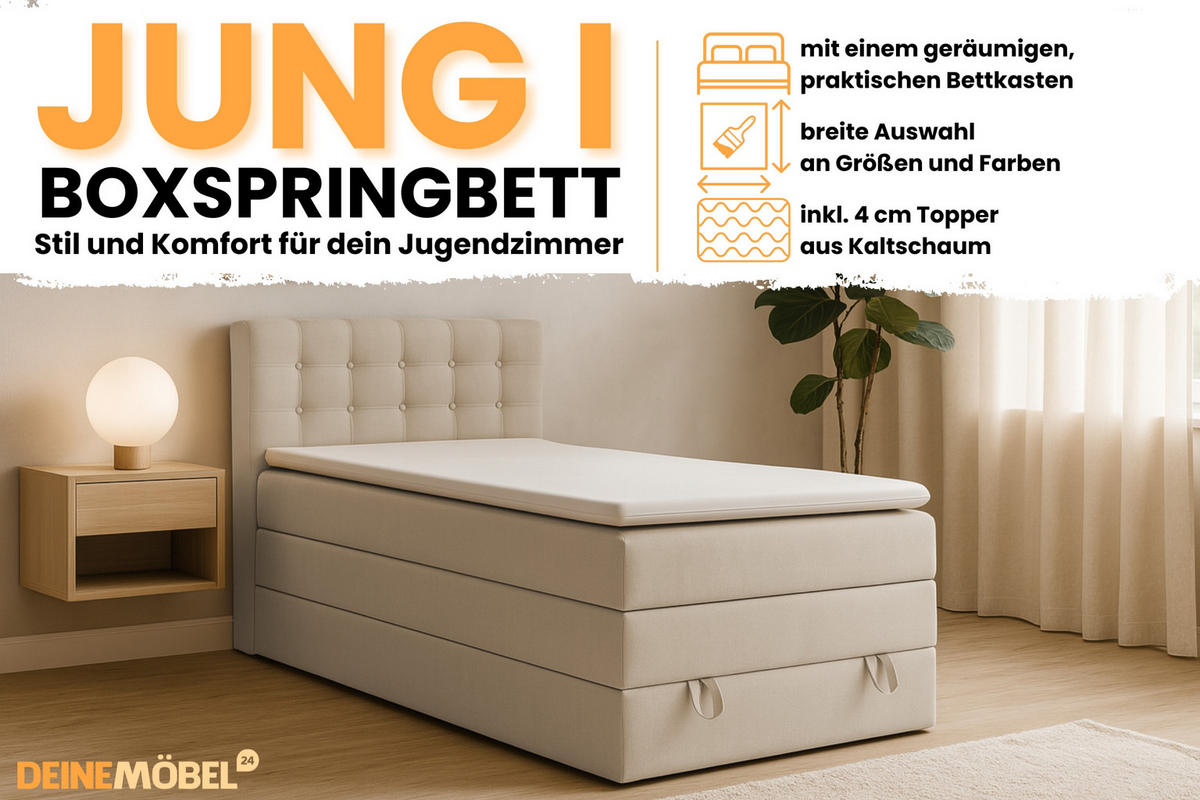 BOXSPRINGBETT JUNG 1 100/200 Velours Beige mit Matratzen H3 + H4 - Beige, Holz/Holzwerkstoff (100/200cm) - Deine Möbel 24