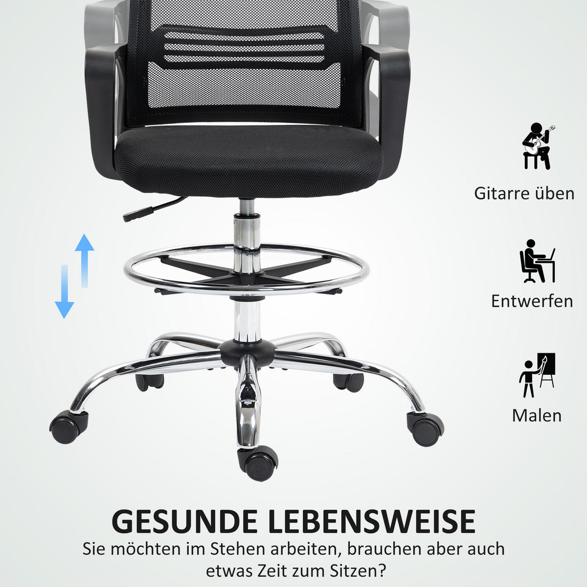 BÜROSTUHL, Höhenverstellbar Computerstuhl mit Armlehne, Schwarz - Schwarz, Kunststoff (58/123/58cm) - HOMCOM