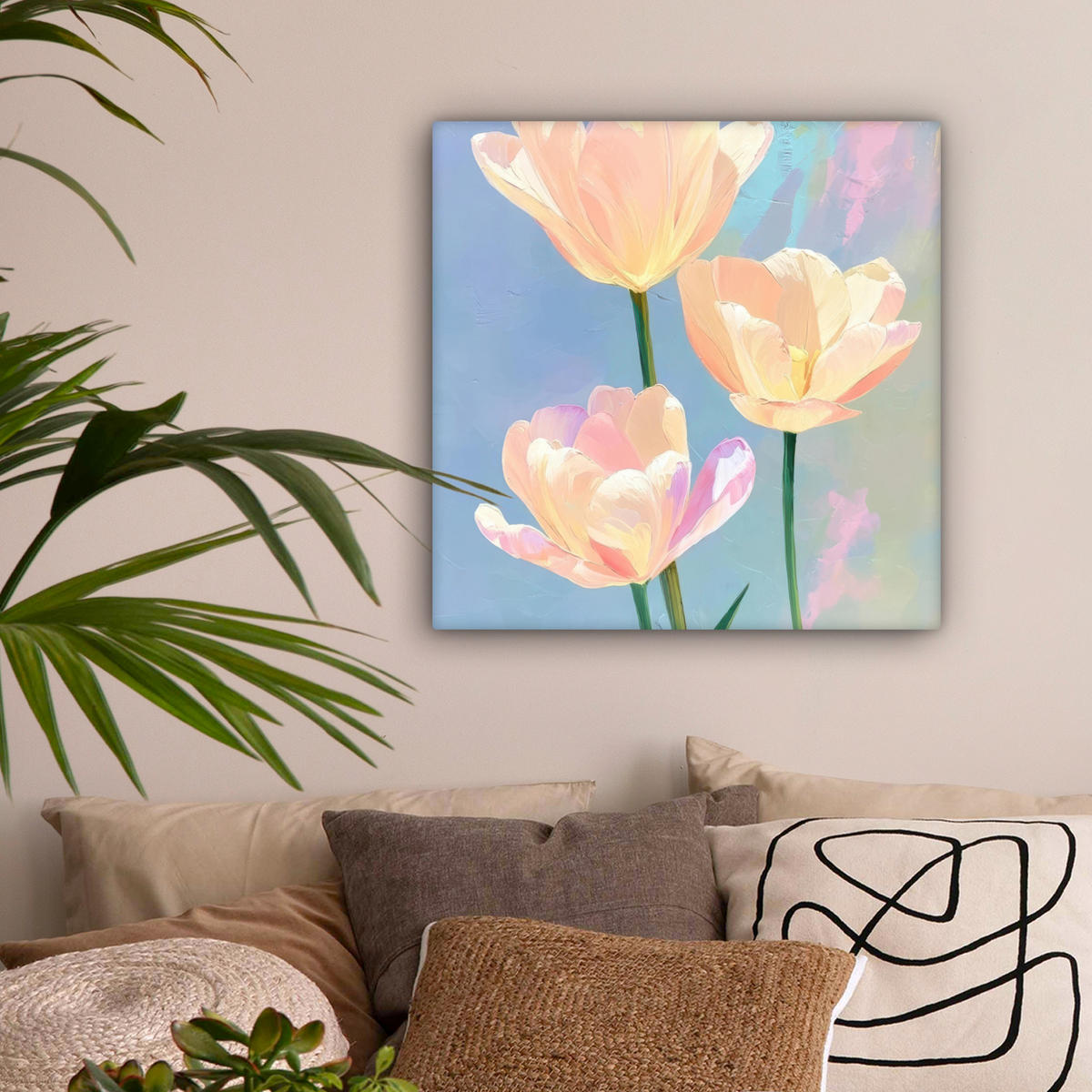 LEINWANDBILD Tulpen - Rosa Akzente - Blau Wandbild Wohnzimmer 50x50 cm - Pastellblau, Textil (50/50cm) - MuchoWow