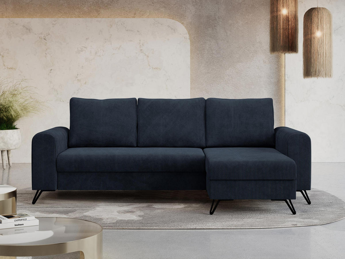 ECKSOFA Hugo Cord Dunkelblau - Schwarz/Dunkelblau, Textil/Metall (242/140cm) - MKS