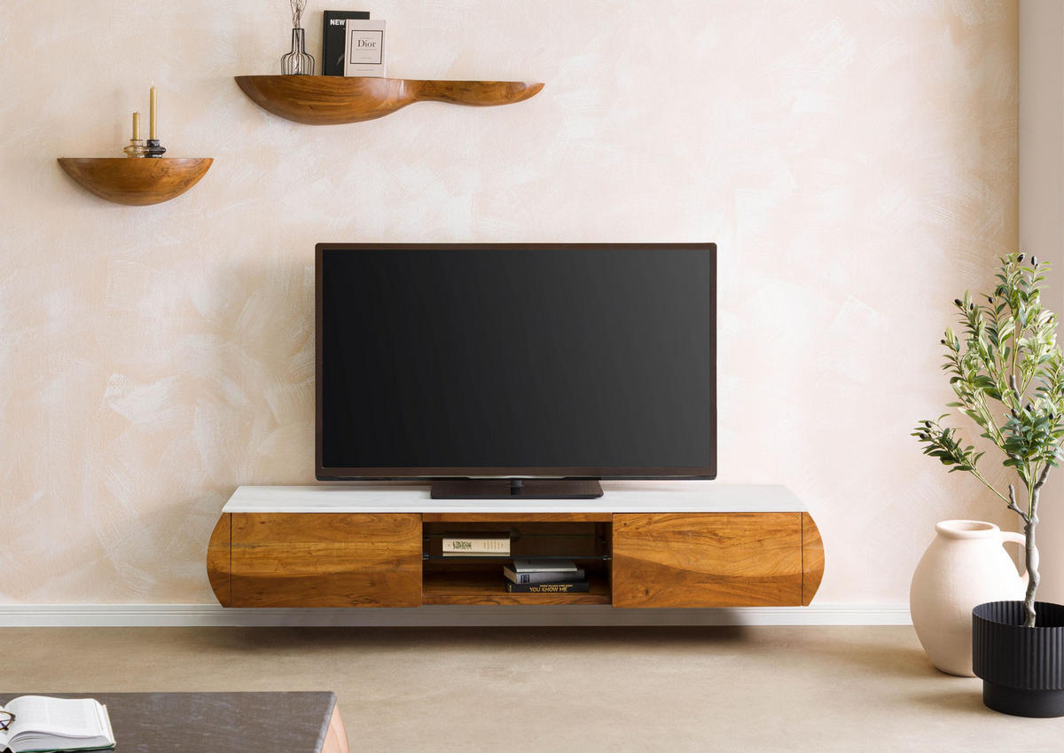 TV-BOARD Akazie 184x40x45 natur lackiert / Marmor weiß MONTREAL #122 - Naturfarben, Holz (184/45/40cm) - Massivmoebel24