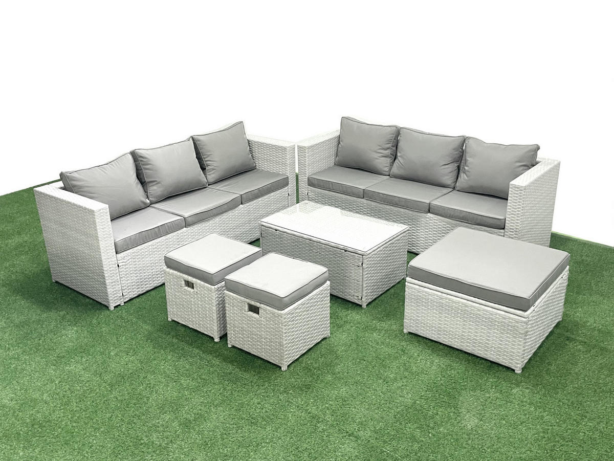 GARTENGARNITUR mit 3-SITZER SOFA,COUCHTISCH Polyrattan Hellgrau-Mix 9-Sitzer - Hellgrau/Grau, Glas/Kunststoff - Fimous