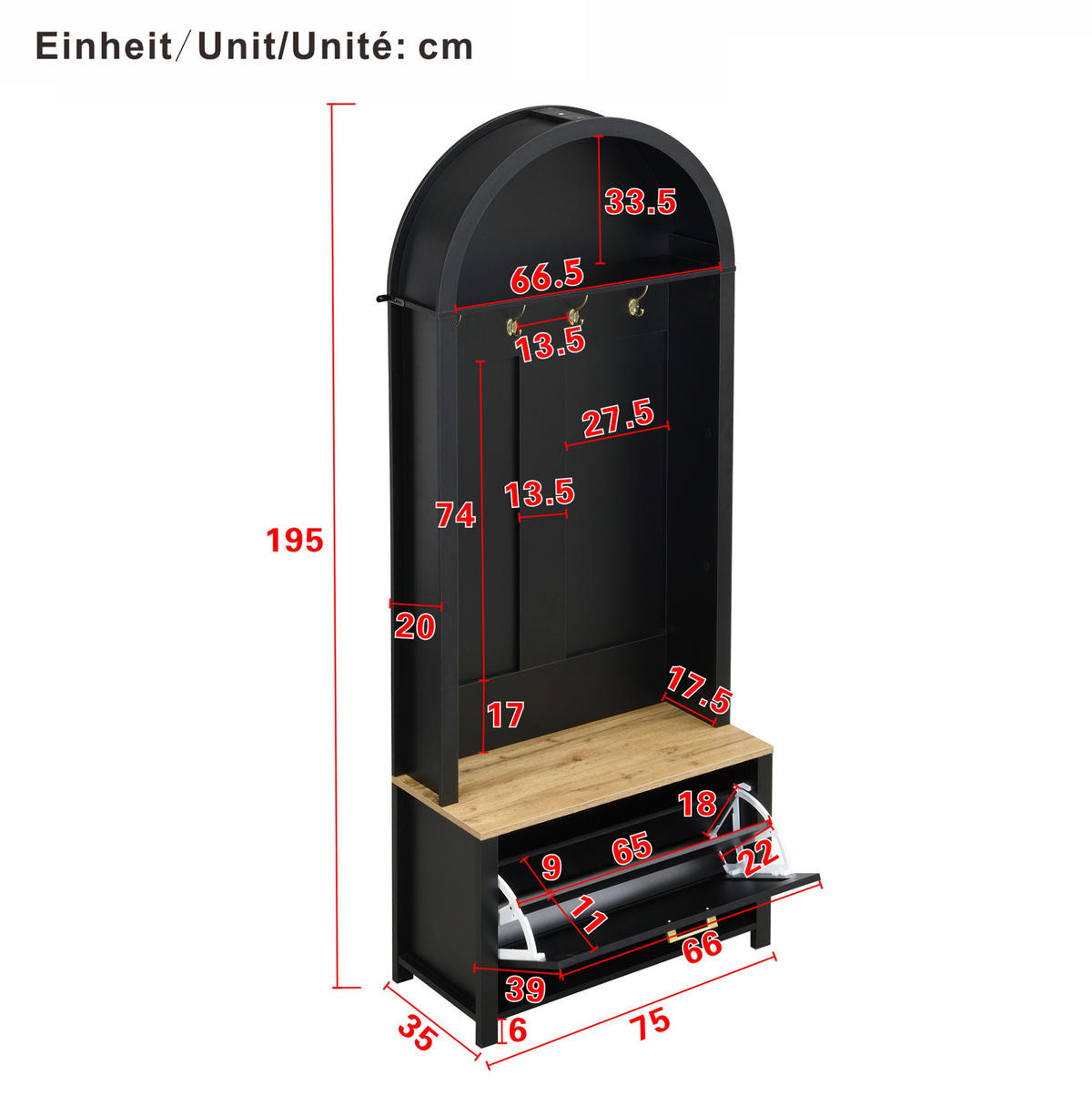 GARDEROBENSCHRANK 75/35/195 cm aus MDF mit Schuhfach und Haken Schwarz/Holzfarben - Schwarz, Holzwerkstoff (35/195/75cm) - Modenvie