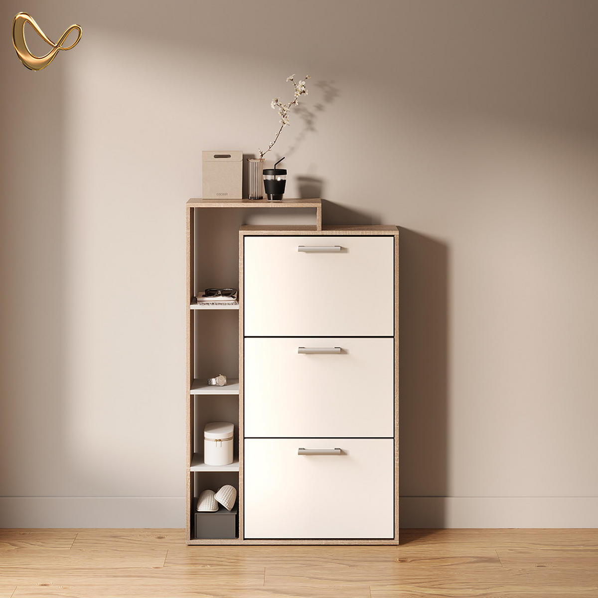 SCHUHKIPPER Ortello Weiß/Sonoma 80 x 128.3 cm mit 3 Fächern - Weiß/Sonoma Eiche, Holzwerkstoff (80/128.3/24.2cm) - Livinity®