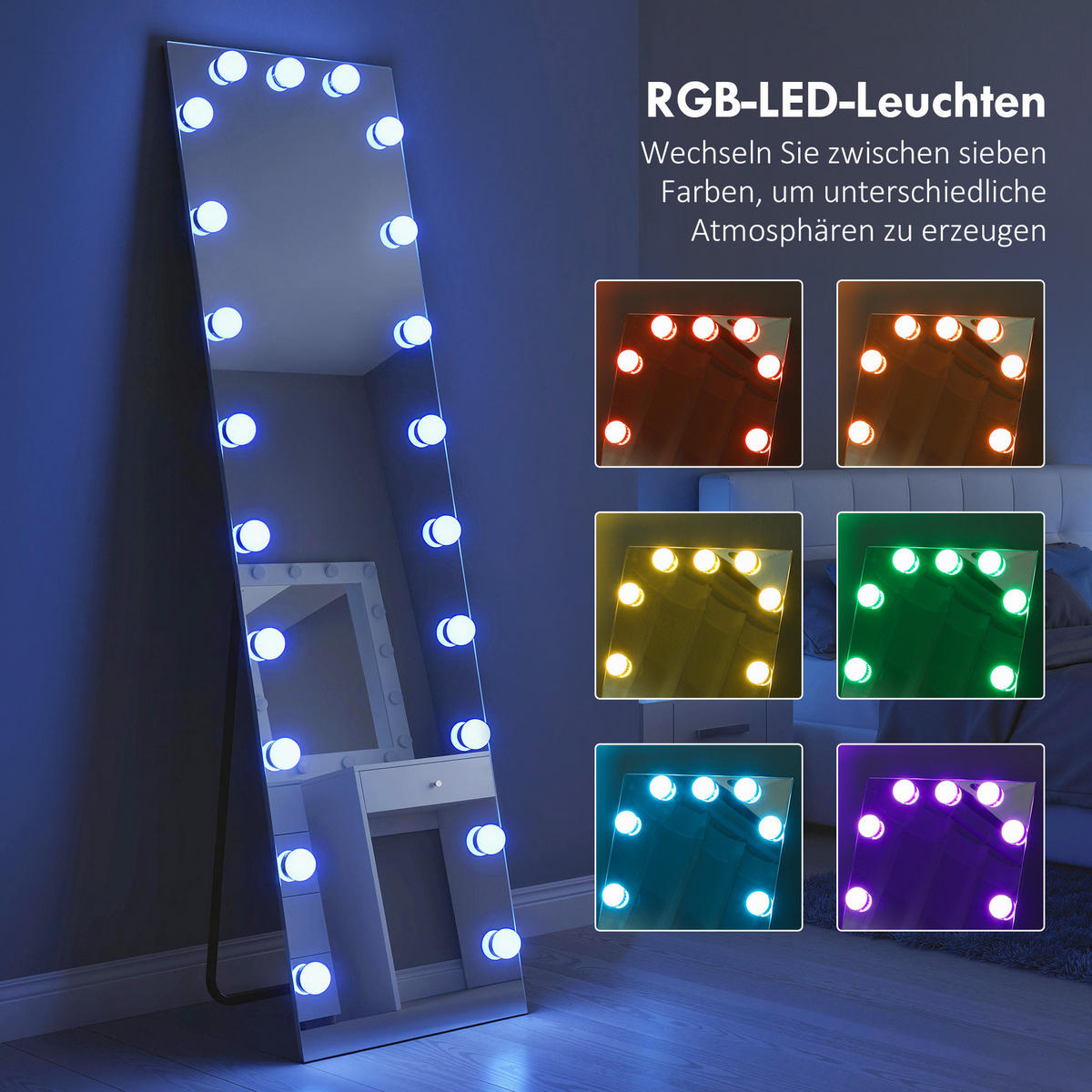 GANZKÖRPERSPIEGEL 150x40 cm RGB-LED Standspiegel mit 21 Glühbirnen 7 Lichtfarbe - Transparent, Glas (5.7/150/40cm) - HOMCOM